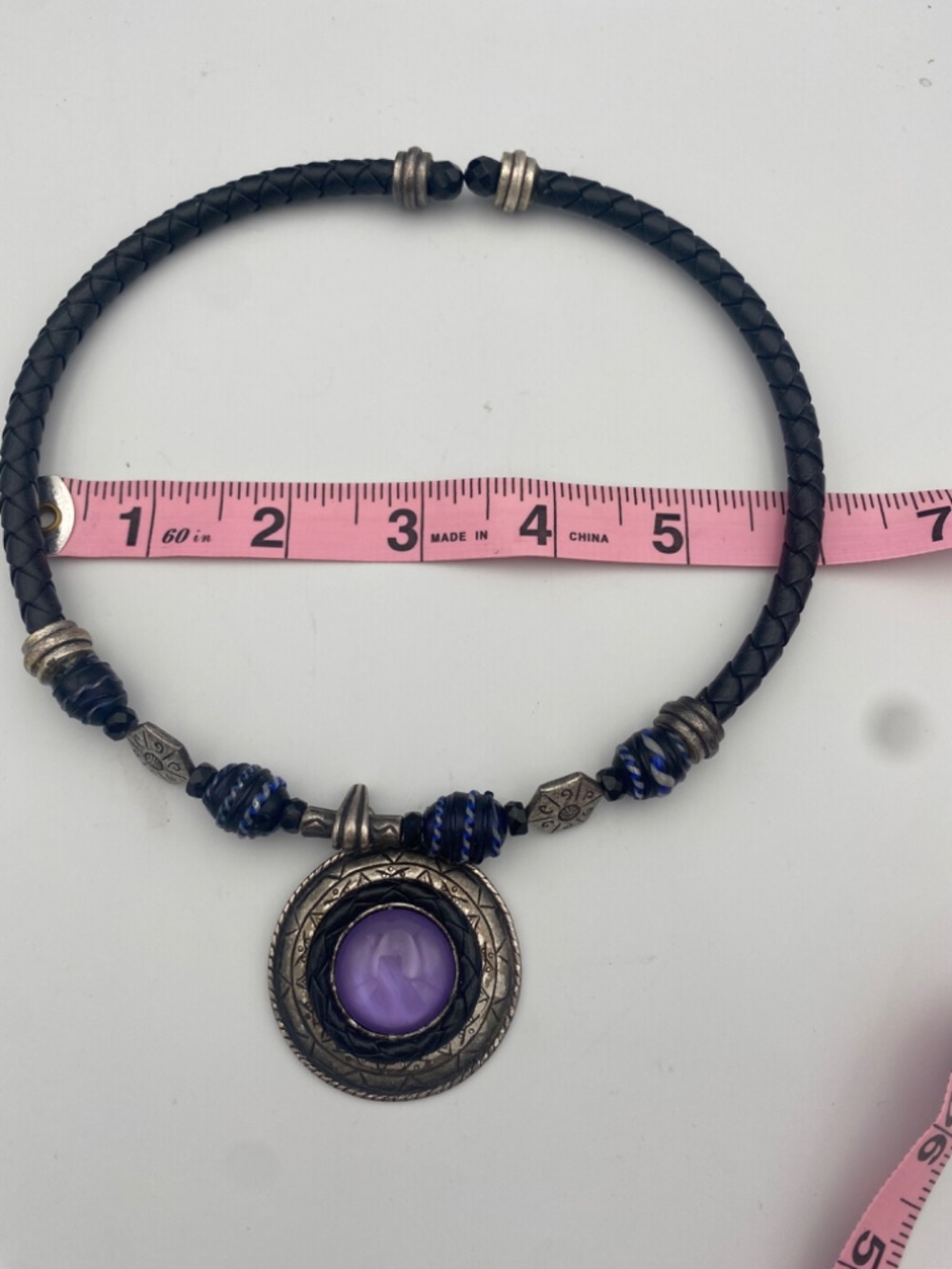 Vintage Statement Purple Stone Medallion Necklace Black Braid Cord - Picture 9 of 11